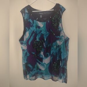 Maggie Barnes top 4x lined Reflective beads Black/blues/purple floral sleeveless